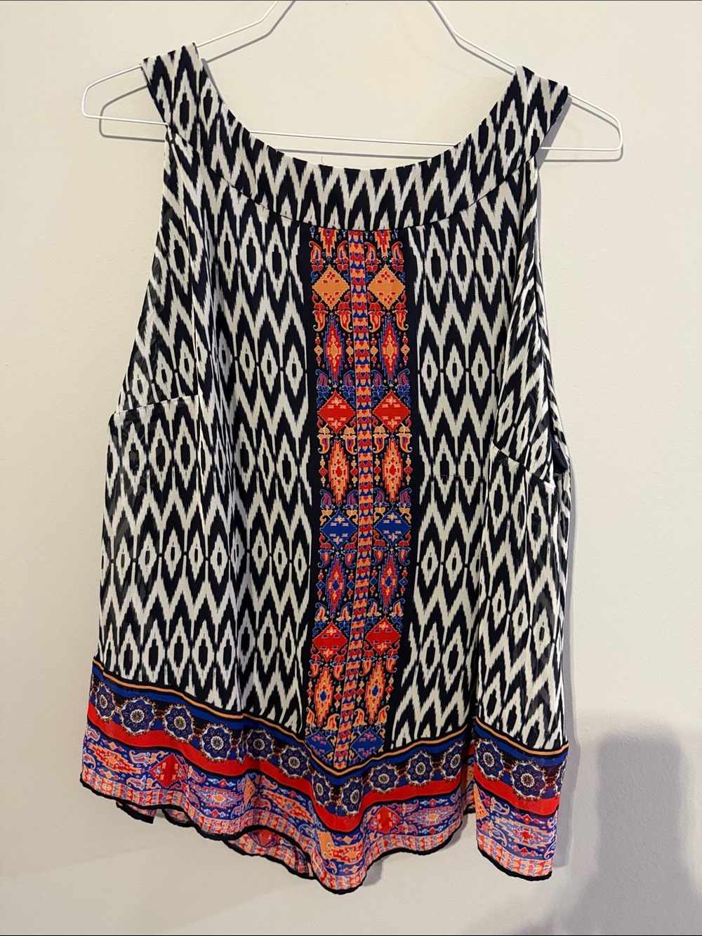 AB Studio Black & White Geometric Tank with Red and Blue Embellished Panel
